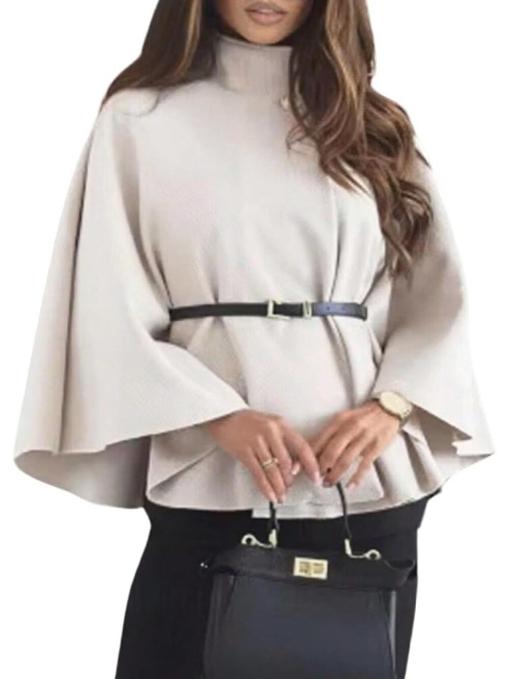 MakeMeChic Women's Poncho Pea Cape Coat Mock Neck 3/4Sleeve Belted Business